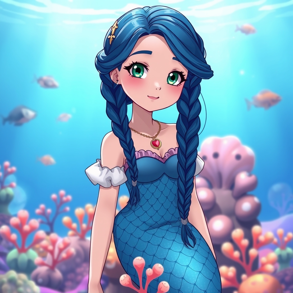 پرنسس پری دریایی تقریبا 14 ساله با موهای بافته شده ی آبی تیره و چشمان سبز یشمی و دم آبی آسمانی مشابه بر شهرهای دریایی14