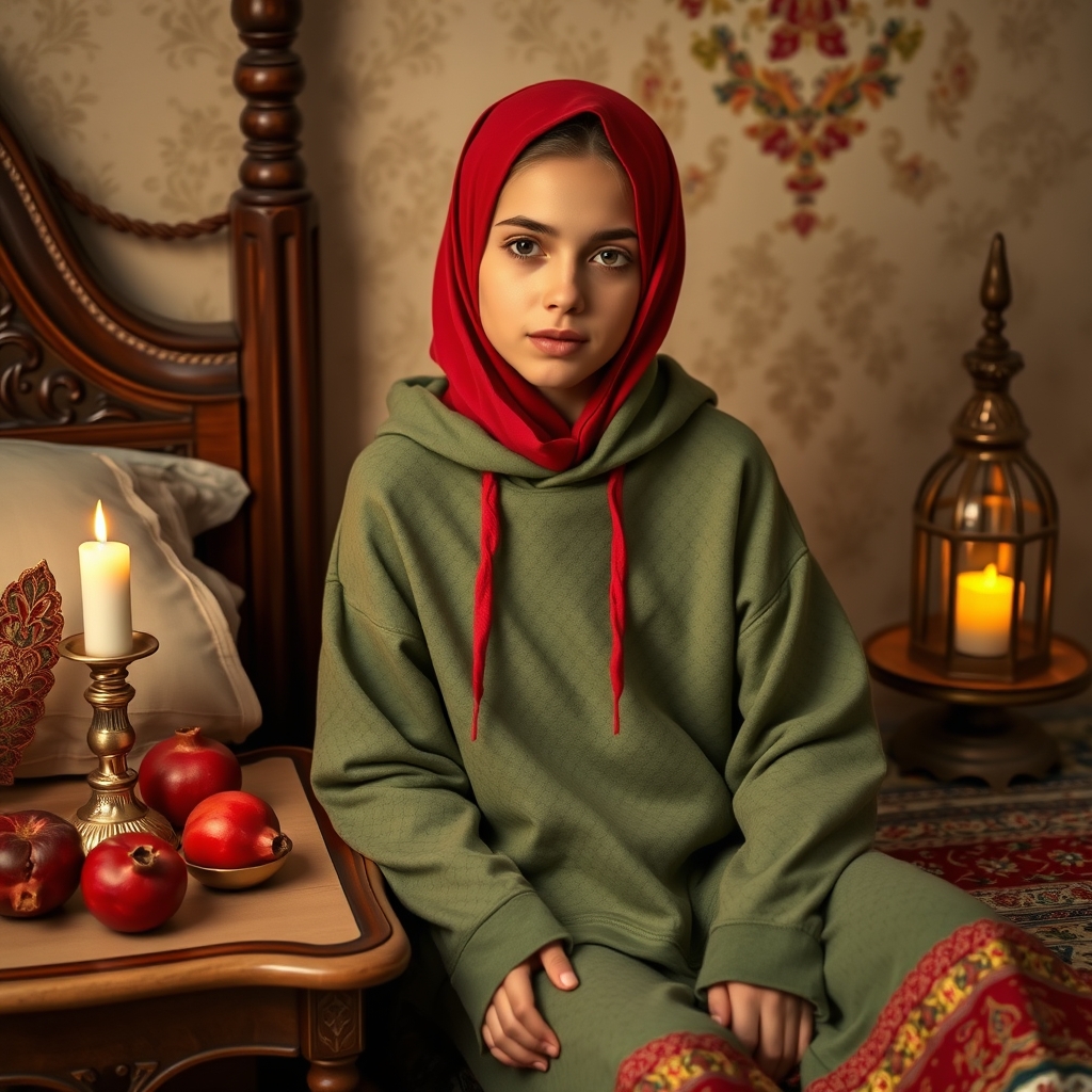دختری زیبا و باحجاب با هودی سبز و روسری قرمز  که کنار میز شب یلدا نشسته 
میز شب یلدا شیک و یا کلاس است21