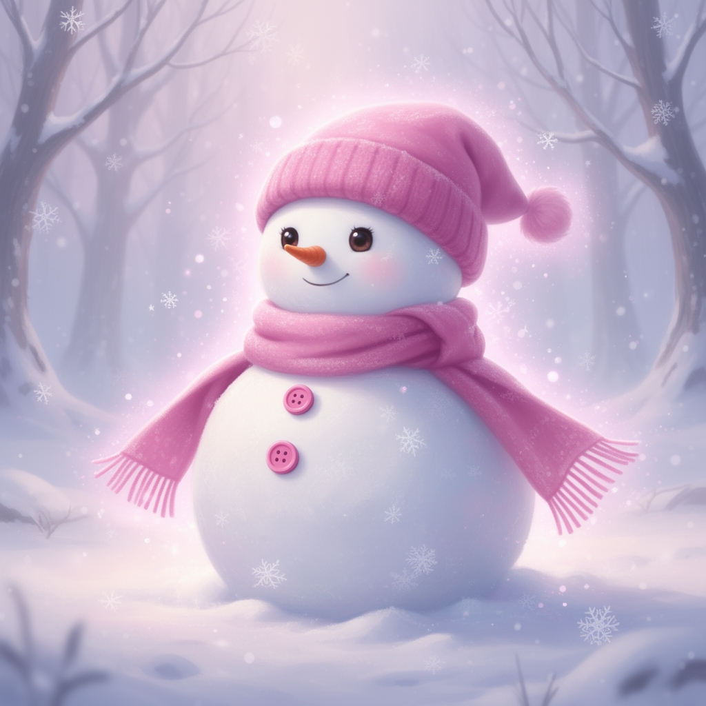 یک ادم برفی زیبا که یک کلاه صورتی رو سرش است با یک شال گردن صورتی و دکمه های صورتی1