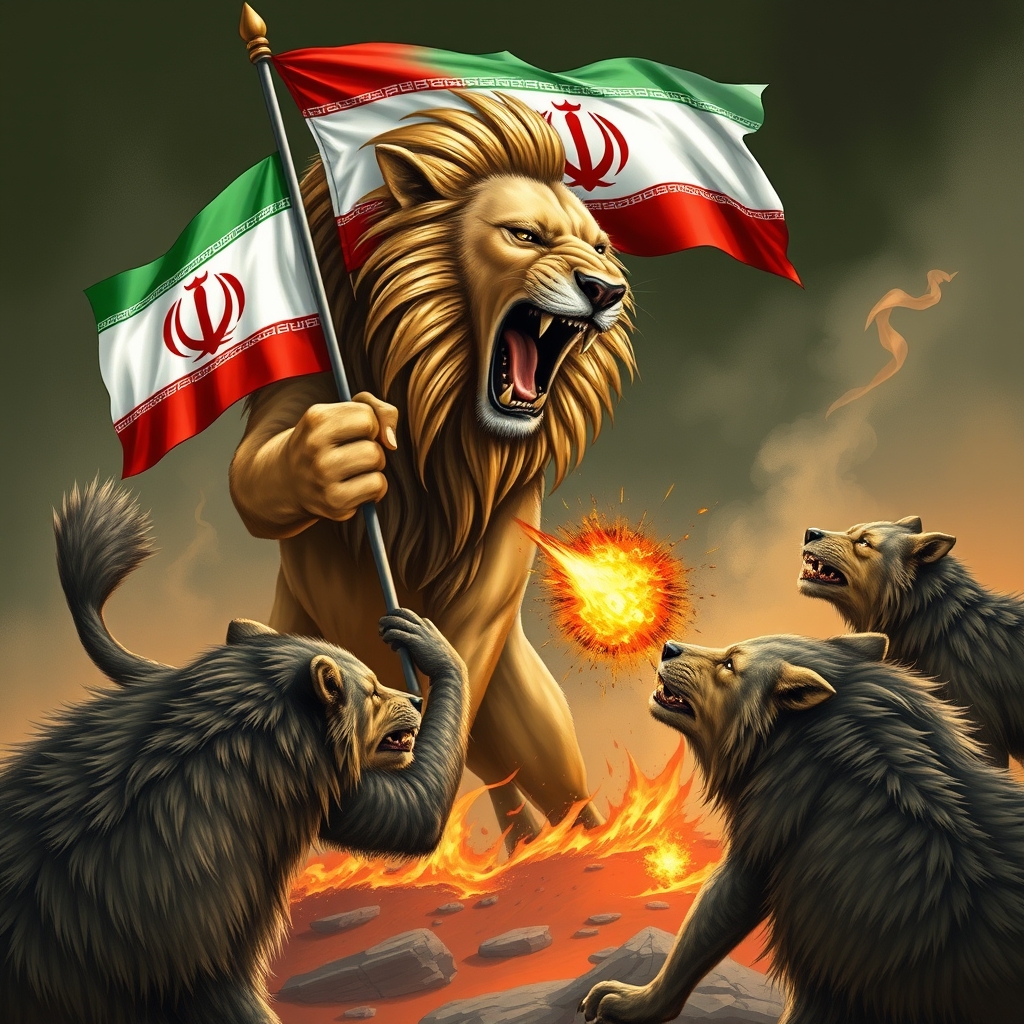 عکس یک شیر که پرچم ایران در دستشه
و همون موقع گرگ‌ها حمله به شیر می‌کند و شیر همه گرگ‌ها را می‌کشد1