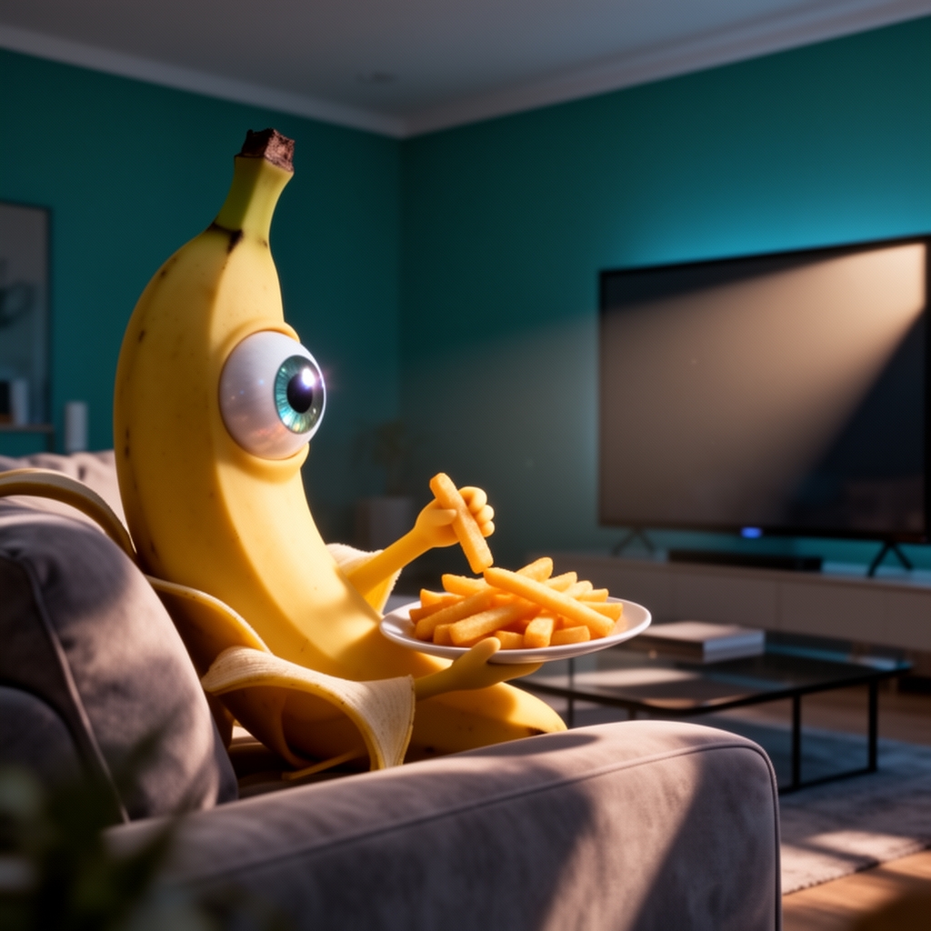 موز که در حال تماشا به تلویزیون و خوردن سیب زمینی سرخ کرده است و چشم دارد و روی مبلی نشسته است چهار بعدی1