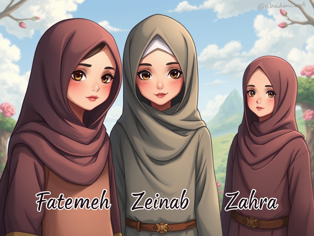 سه دختر زیبا و محجبه که خیلی زیبا هیتند با لب های قرمز و گونه های صورتی ملیح دارند وچشمان انها قهوه ای است که اصلا مو هایشان معلوم نیست. دختر اولی فاطمه نام دارد نام او روبه رویش نوشته شده است، و دختر بعدی که وسط ایستاده است زینب نام دارد که نام خودش روبه رویش نوشته شده است و دختر بعدی که قد او کمی از همه بلند تر است زهرا نام دارد که نامش رو به رویش نوشته شده انها در مکان زیبایی ایستاده اند11