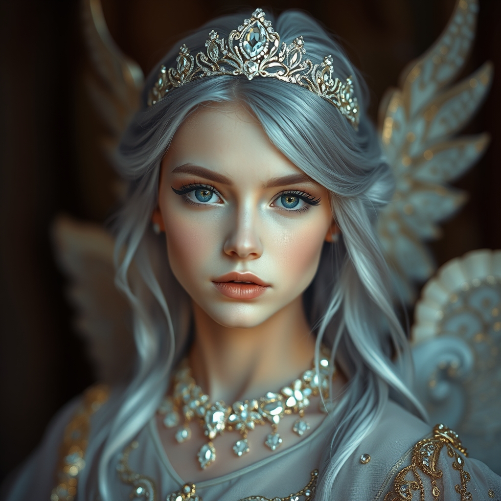 فرشته ای پاک و زیبا با لباس های نورانی که پر از الماس هس و تاجی نازک. بسیار زیبا از جنس الماس بر سر نهاده و چهره اش به قدری زیبا هست که نمیتوان چشم از ان برداشت و رنگ چشمانش از رنگ رود زلال و رنگ لباس ها هم در ان طلا هم به کار برود رنگ موهایش به رنگ نقره مایل به ابی کامل دیده شود  7