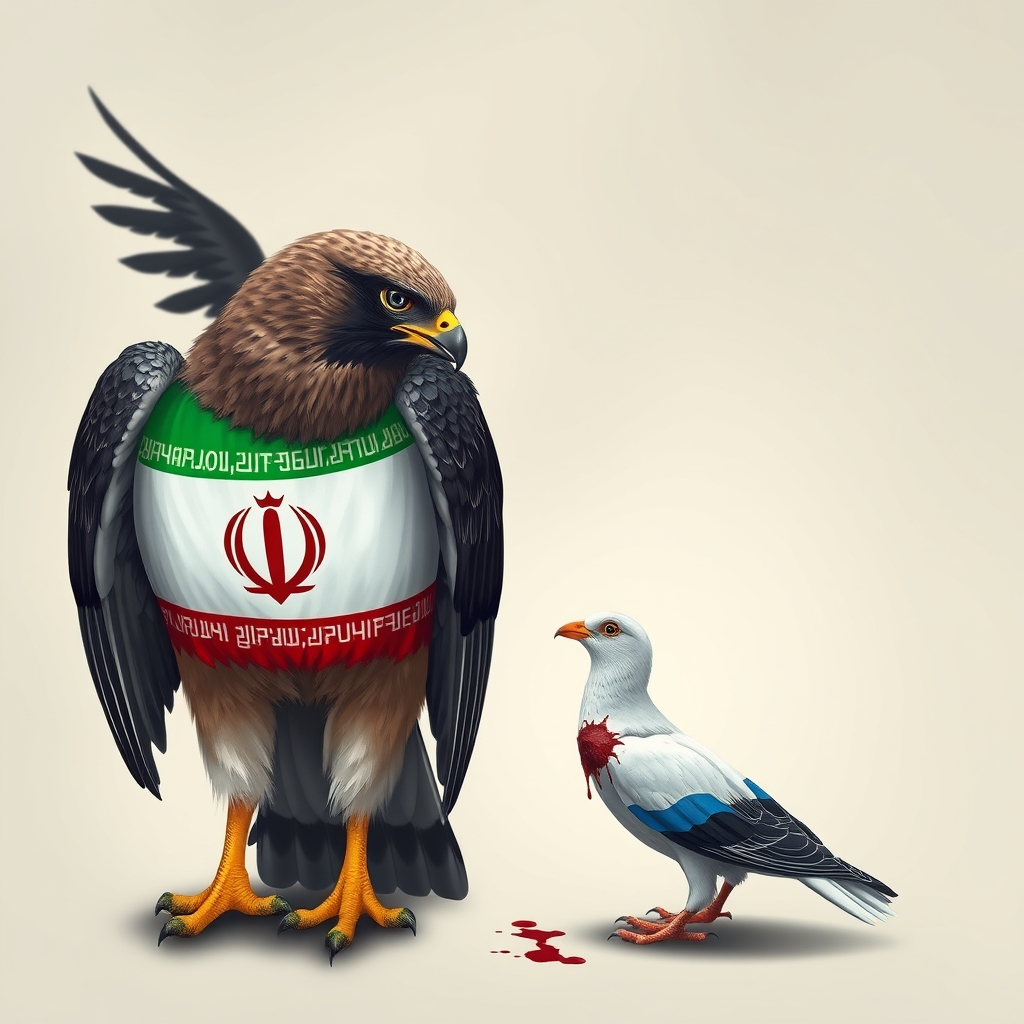 شاهین که روی تنش پرچم ایران است مقابل جوجه ی یاکریم  که روی تنش پرچم اسرائیل است جوجه خونی و شاهین جنگنده4