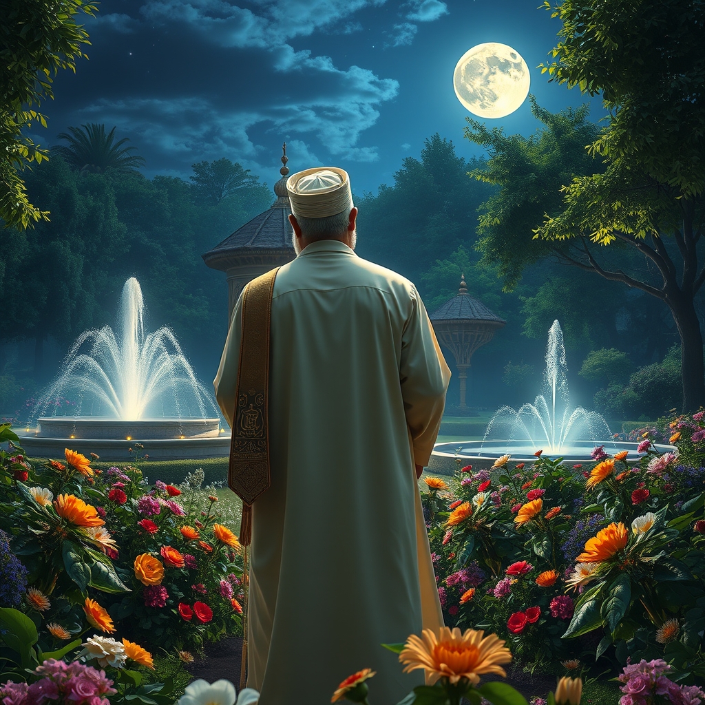 آقاجان صاحب الزمان،زيبا پشت به تصوير،باغ پرازگل،وفواره ودرخت،  درهنگام شب،،ماه وستاره4