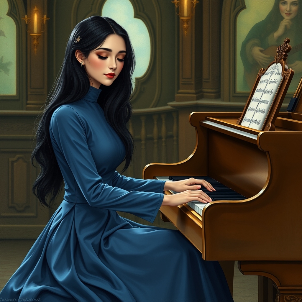 دختری با مو های بلند و سیاه و لباس آبی و مجلسی در حال پیانو زدن5