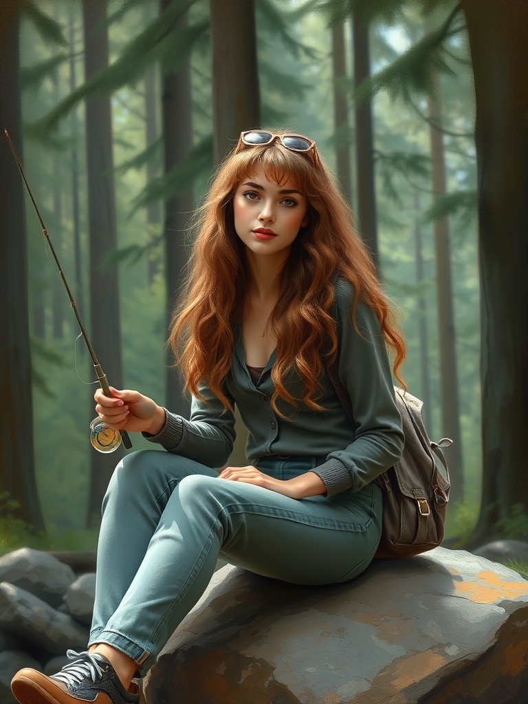 زن جوان بسیار زیبا با موهای بلند و چتری  و فر و قهوه‌ای روشن و  لباسی مناسب استایل روزانه که در یک جنگل با روی یک تخته سنگ نشته و ماهیگیری می‌کند و دور تا دور آن پر از درختان بلند قامت است 16