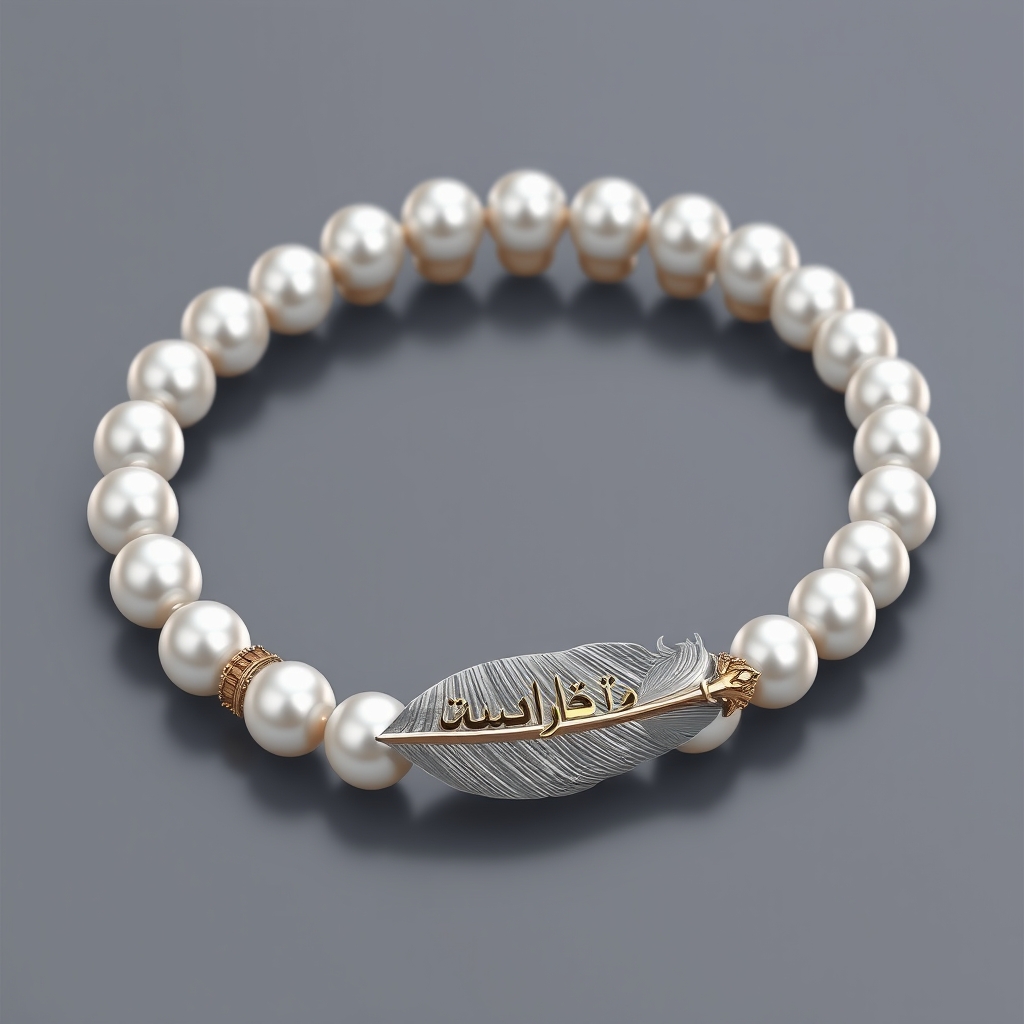 یک دستبند با مروارید که بالاش نوشته نگن آرا به فارسی
1