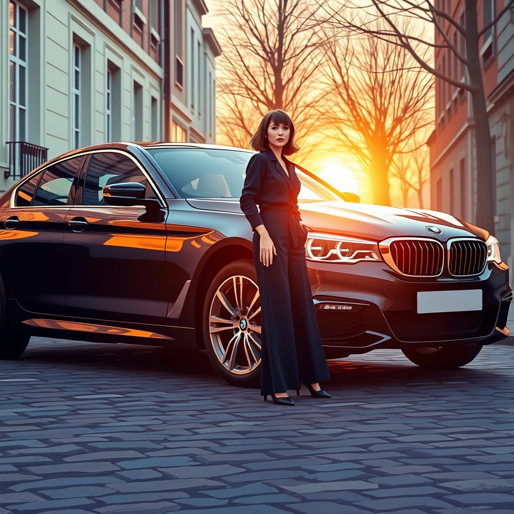 یک ماشین بی ام دبلیو سیاه که یک زن کنارش ایستاده با کت و شلوار آبی 17