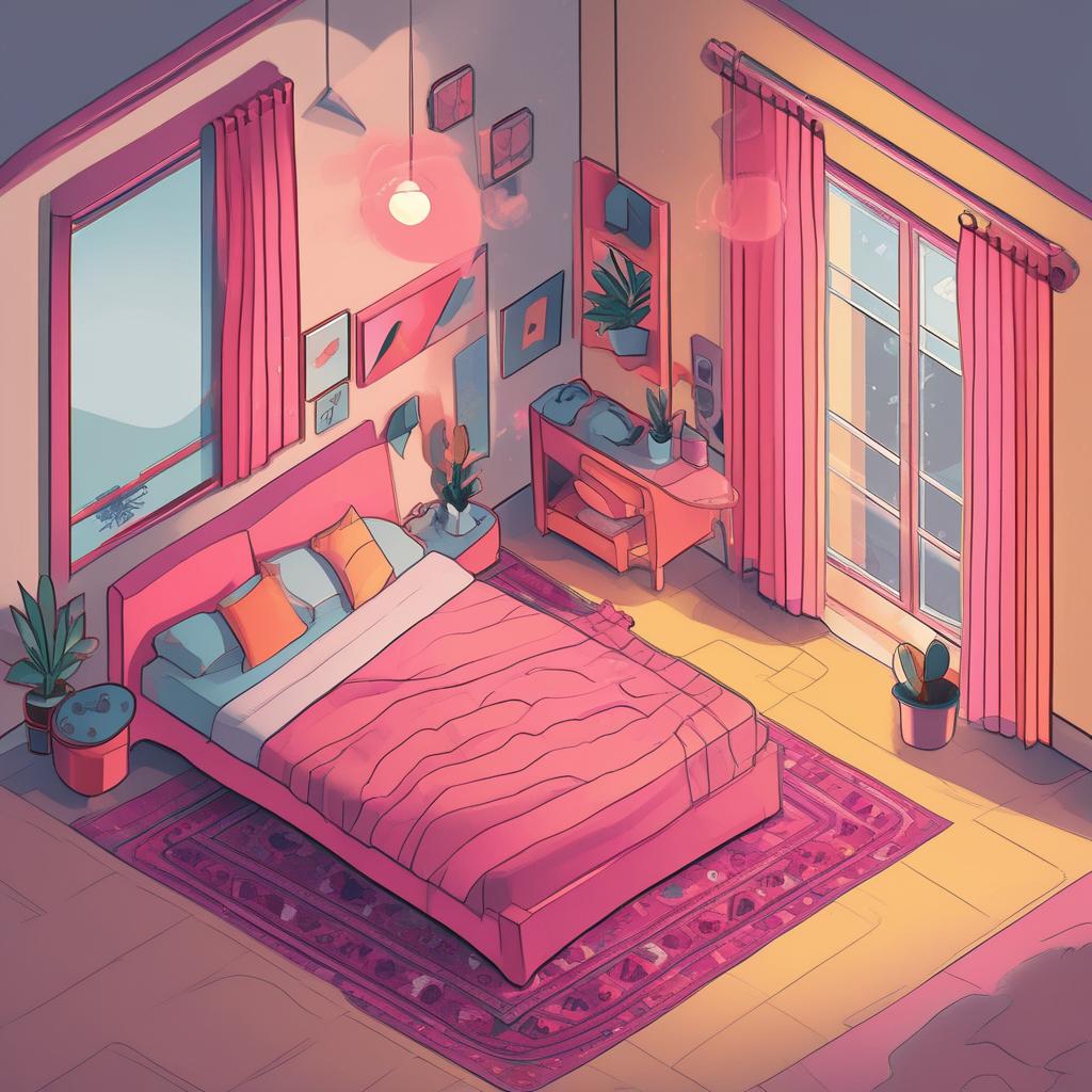 یک اتاق با پرده های صورتی و آدمی روی تخت میز تحریر زرد و فرشی طرح دار2