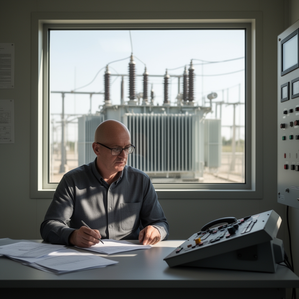 مهندس کچل عینکی در پست برق پشت میز نشسته باشد ترانس بیرون محوطه پشت پنجره پیدا باشد2