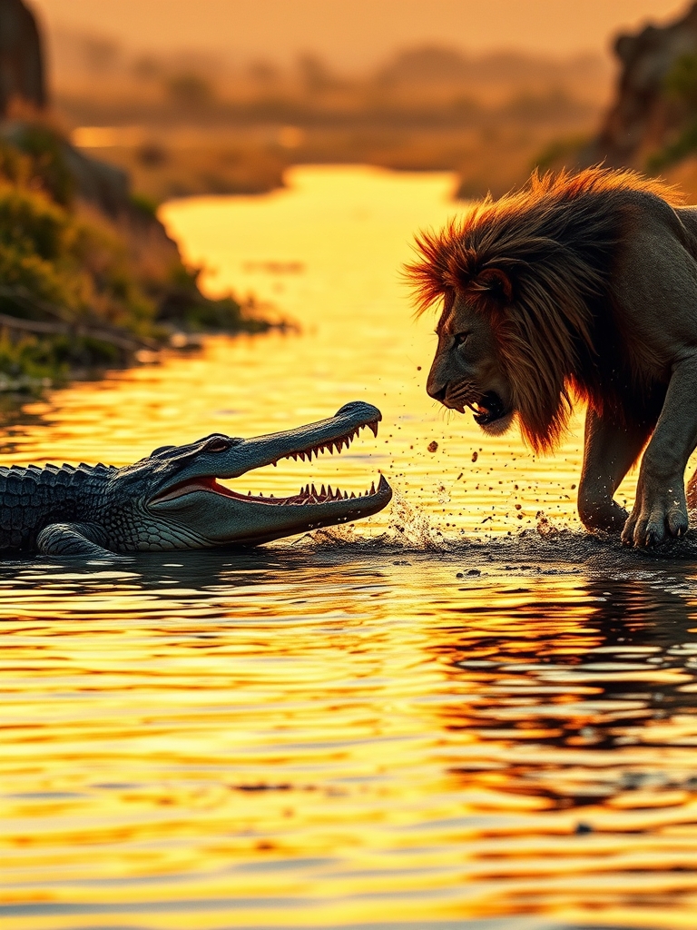 جدال کروکودیل و شیر در رود0