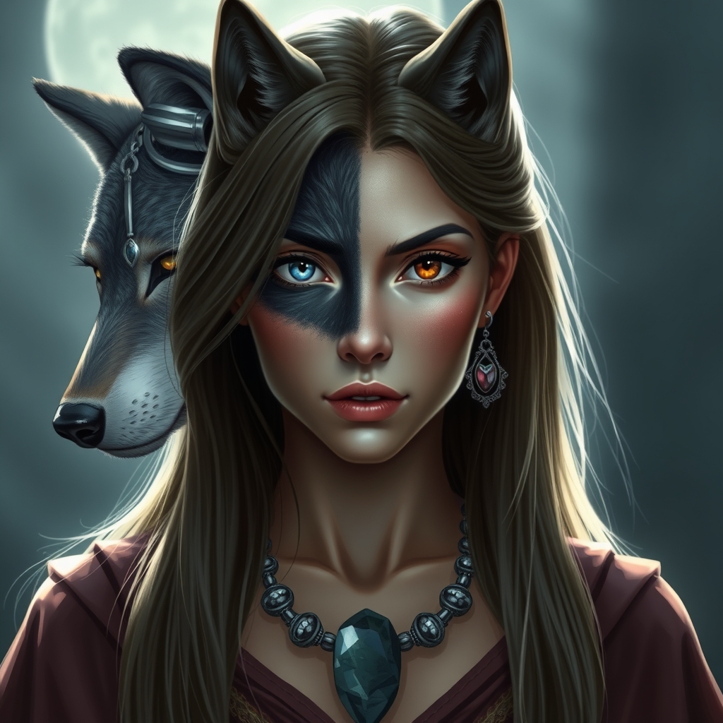 زنی دو چهره نیمی از گرگ و نیمی انسان است خوب دقت کن چشم نیمه گرگش نقره ای و چشم نیمه انسانش عسلی است گردنبندی از جنس سنگ و نقره دارد موهایش براق و صاف زیره نوره ماه میدرخشد 22