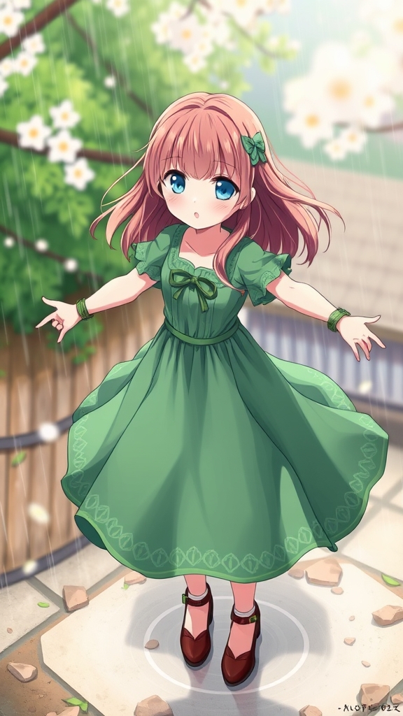 دختر خوشگلی باچشم آبی  و لباسی به رنگ نباتی  که زیر بارونه بهاری واستاده و دستاشو باز کرده و داره دور خودش میچرخه 18