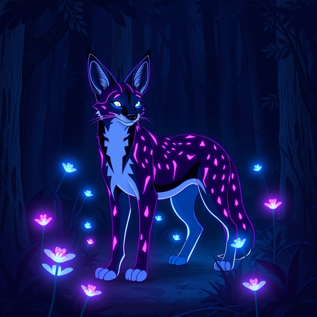 یک شوغال نئونی ( به رنگ ابی سیاه بنفش صورتی) درخشان در جنگلی تاریک، احاطه‌شده توسط گیاهان شب‌تاب.3