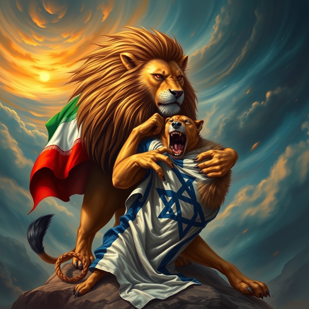 یک شیر ایرانی و روی پرچم خود پرچم ایران که دارد اسرائیل را یک شغال با لباسی با پرچم اسرائیل دارد شیر ایرانی آن را پاره پاره و میکشد
2