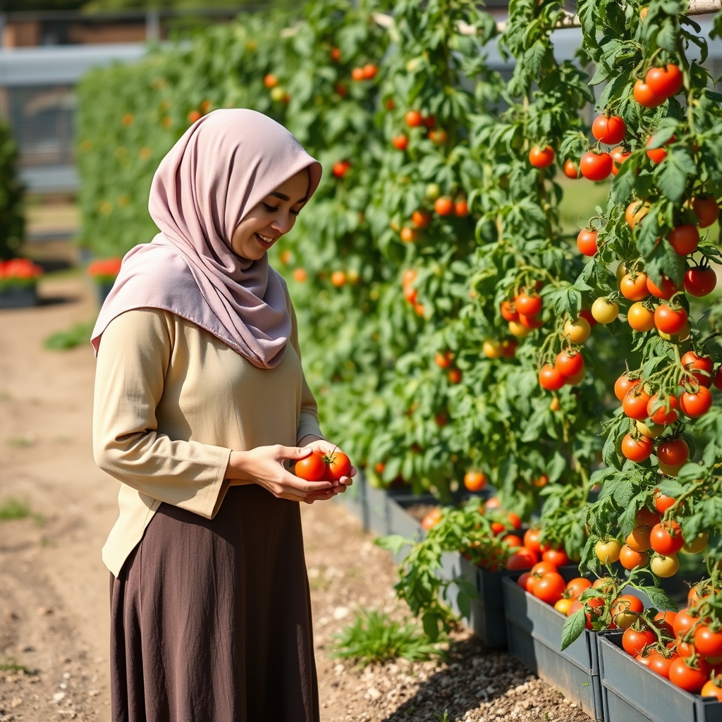 زن‌باحجاب‌‌نشیته‌بر‌زمین‌
درحال‌چیدن‌گوجه‌ی‌فرنگی‌‌که‌پشتش‌‌باغ‌گوجه‌هست1