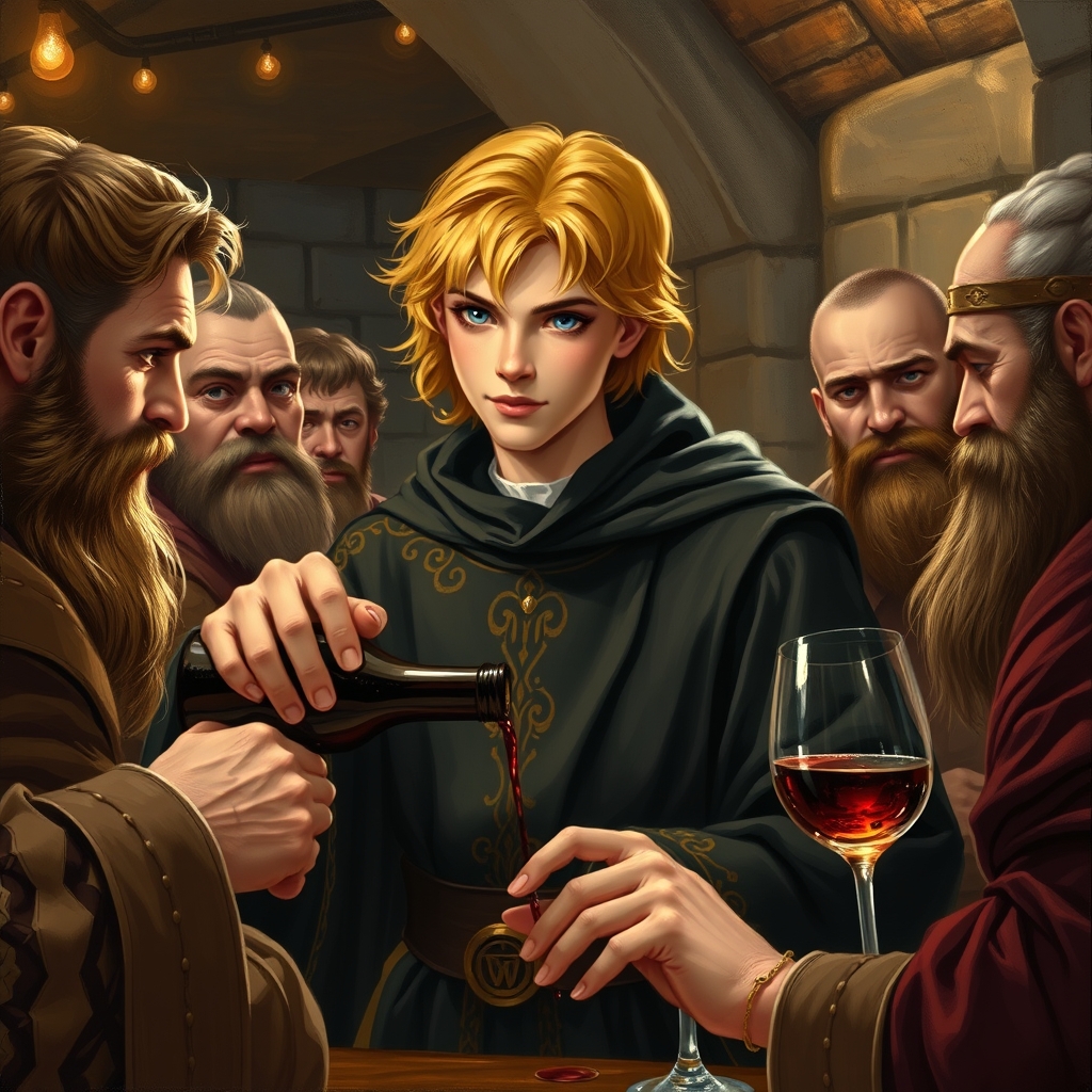 زیبا ترین پسر نوجوان جهان با موهای طلایی و چشمان آبی و با لباس مشکی با حکاکی های طلایی در حال ریختن شراب در میکده برای مردانی قوی با ریش های بلند 1