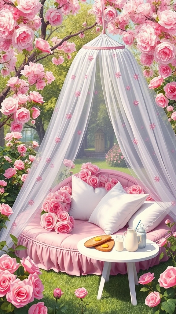 در صبح بهاری باغ گل رز صورتی در احاطه درختان پر شکوفه یک خیمه توری گل بهی سفید و صورتی با تخت گرد صورتی با کوسن های سفید پر از گل های رز صورتی و میز کوچک سفید با نان کره خامه عسل میوه شیر



0