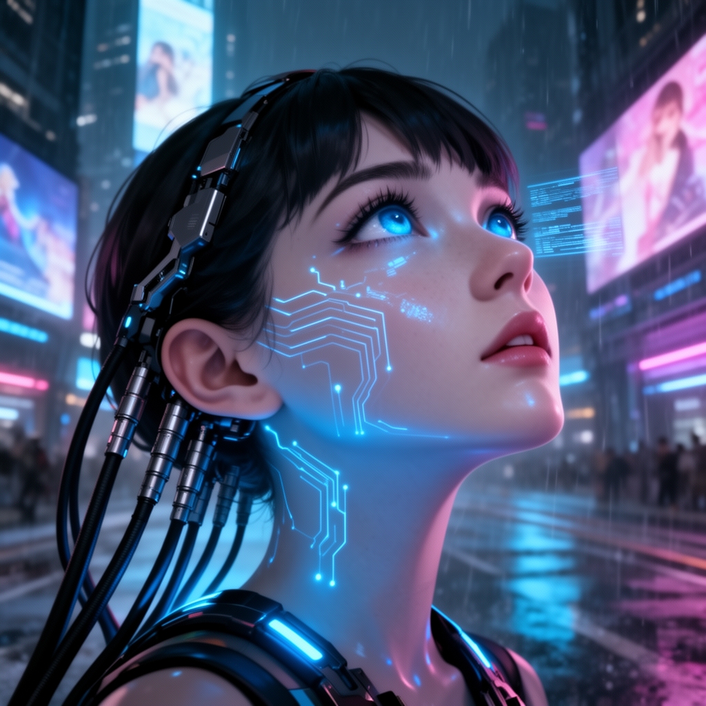 چهره دختری در سبک انیمه سایبرپانک با کابل‌هایی که به سرش متصل است، نورهای نئون آبی روی صورت، نگاهی به بالا، سبک علمی تخیلی.1