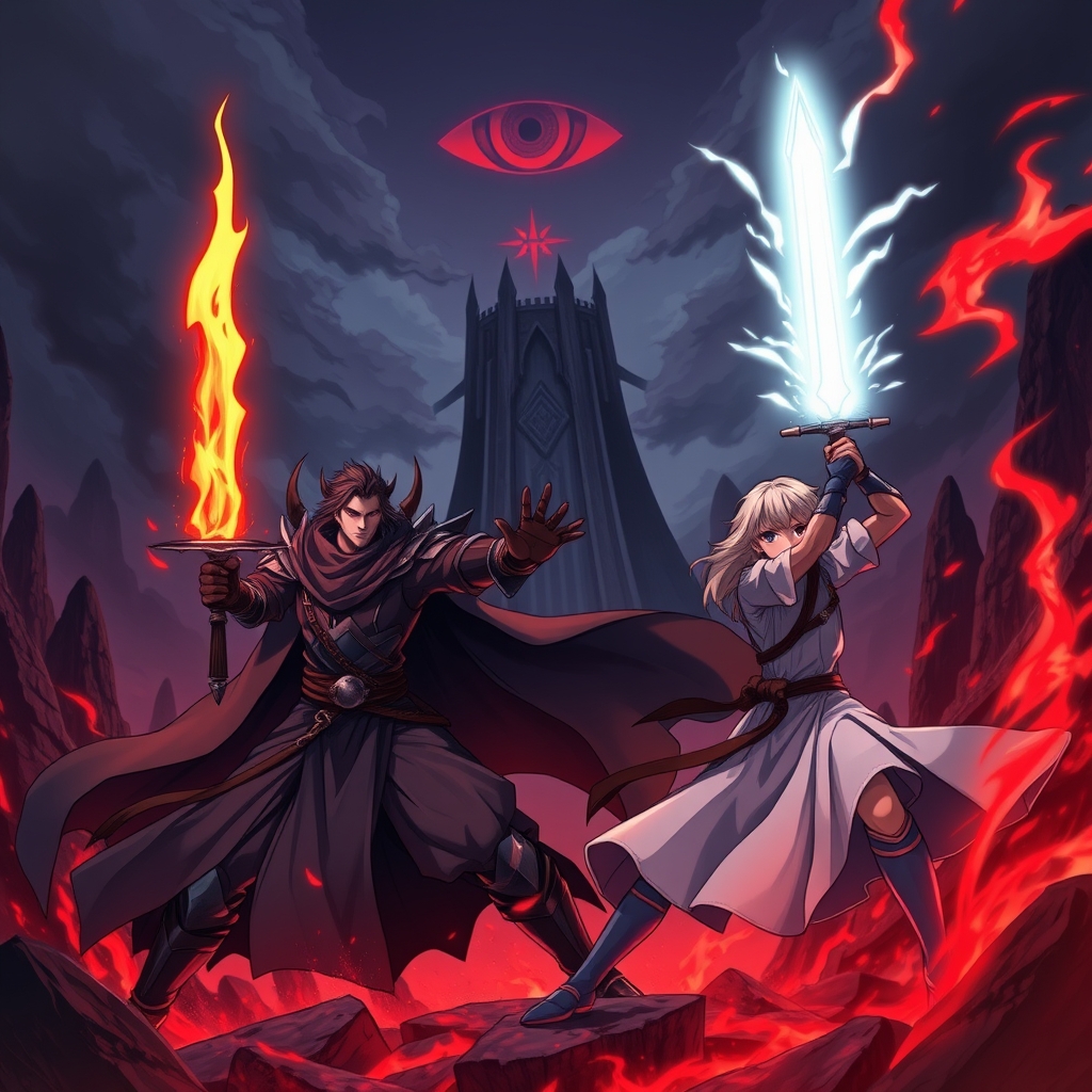 نبرد فرمانروای تاریکی که یک شمشیر  آتشین دارد و بسیار قدرت مند است در برابر یک مبارز روشنایی با شمشیر نورانی در یک زمین جهنمی با چشم شیطان در بالای برجی تاریک کی در آنجا است20