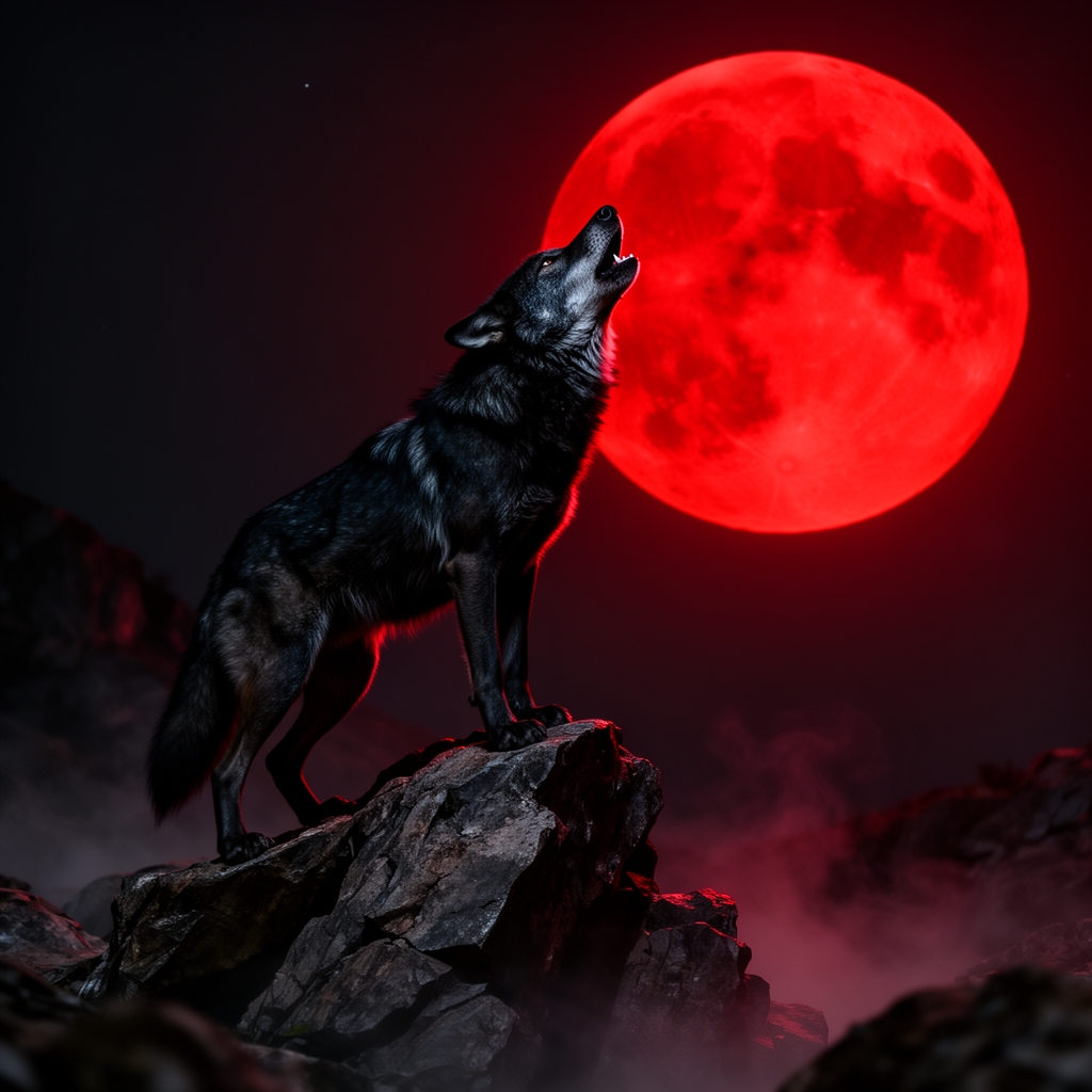 بک گرگ سیاه در صخره ای جلوی ماه کامل خونین زوزه می‌کشد یا همان گرگ و میش.
واقع گرایانه 5