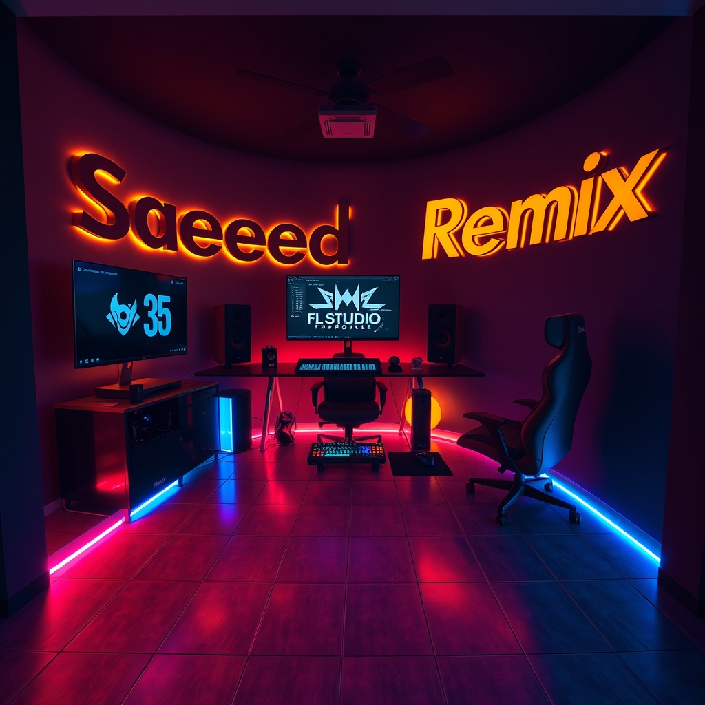 یک نمای اولترا واید از ورودی یک استودیو ساخت موزیک مدرن و منظم م با مانیتور و میدی کنترلر و ماوس گیمنیگ رنگی که روی صفحه برنامه برنامه Fl Studio Mobile را نشان می‌دهد
با یک نورپردازی طلایی و یخی روی دیوار
و وایب تاریک 
روی یکی از دیوارها با فونت انتقام جویان نوشته : Saeed Remix
یک صندلی گیمینگ 
یک نورپردازی عالی روی دیواری که اسم Saeed Remix روی آن نوشته شده
نورپردازی نئون قرمز و آبی که دور تا دور  کفپوش سرامیک زمین
را گرفته 18