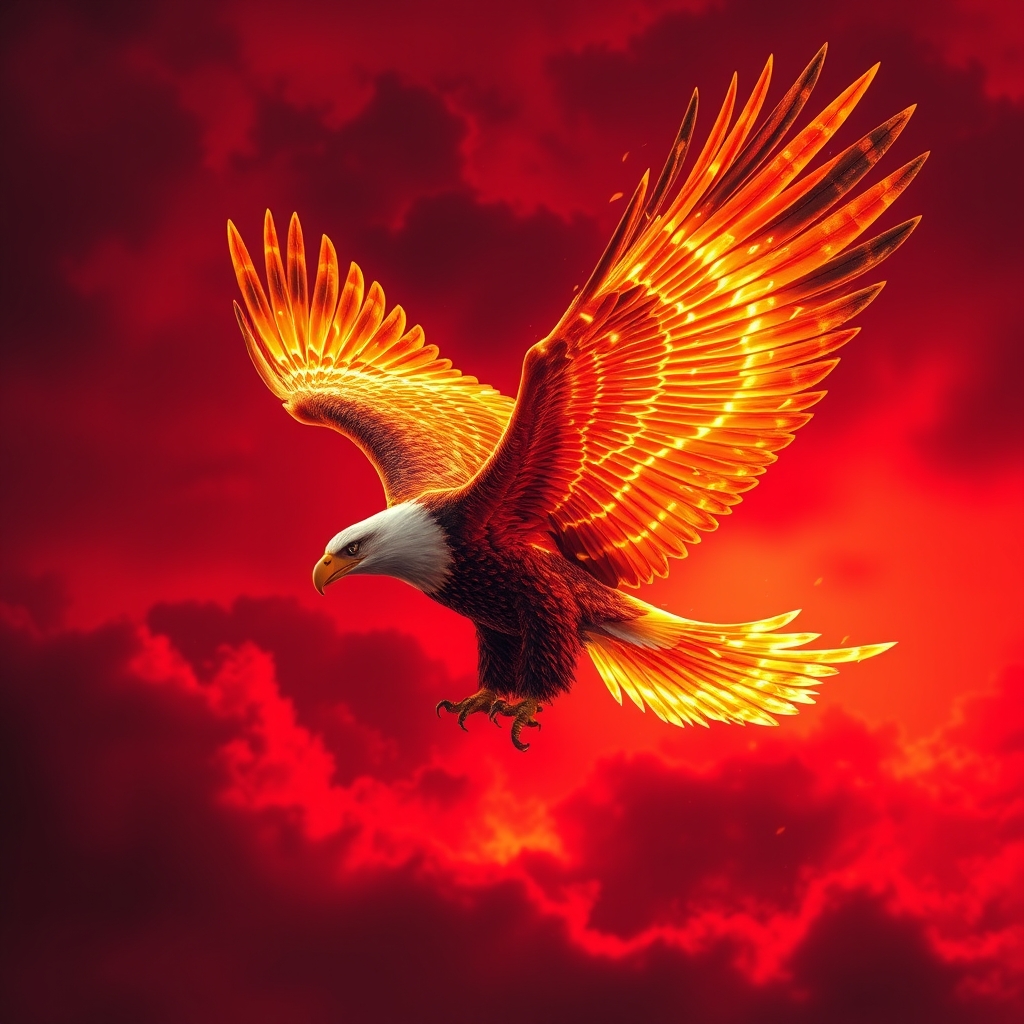 یک عقاب باشکوه با پرهایی از جنس آتش، در حال پرواز در آسمان قرمز نمایشی.1