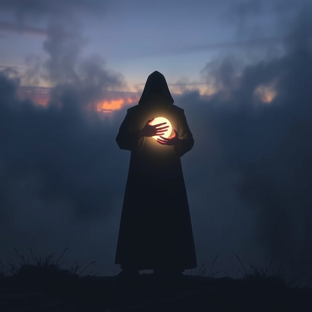 یک شبح مرموز از فردی که یک کره درخشان در دست دارد، ایستاده روی تپه‌ای مه‌آلود.13