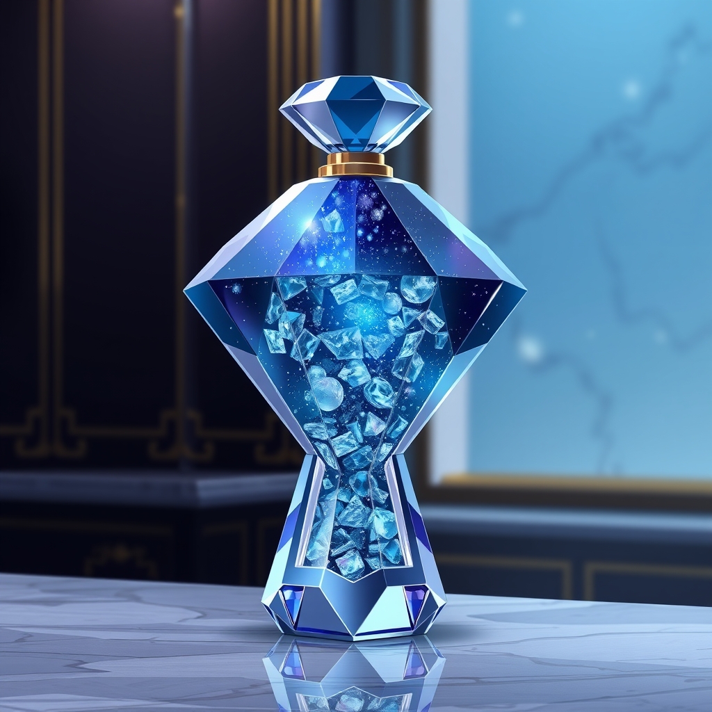یک شیشه عطر لوکس به شکل الماس،که درون آن ثر از کهکشان های شیشه ای روی یک پیشخوان مرمر. قرار دارد5