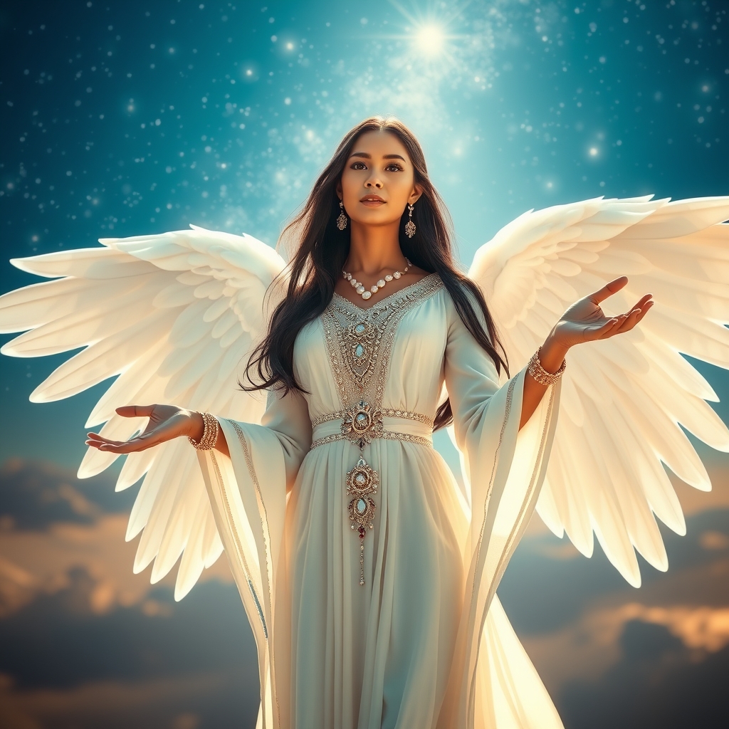 فرشتهای بسیار زیبا و مهربان با بالهای بزرگ و سفید و زیبا و لباسهای اشرافی بلند زیبا و سفید از جواهرات زیبا پر شده است و با موهای خیلی بلند صاف و سیاه که در باد خیلی کم این طرف و ان طرف میروند و با گوشواره های بلند که از مروارید ساخته شده است و از سر تا پا پر از جواهرات زیبا که در اسمانی زیبا پر از ستاره و نور های زیبا و ناز و کمی اقوش باز به استقبال مان می اید که کامل با حجاب است ️💫⭐✨🌜🌙🍀🌹🌌💜💝😍🧕🏻🧕🏻🧕🏻🧕🏻🧕🏻🧕🏻🧕🏻🧕🏻🧕🏻🧕🏻🧕🏻🧕🏻🧕🏻🧕🏻🧕🏻 با حجاب کامل
18
