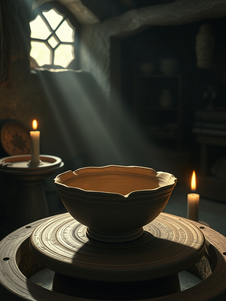 یک کاسه ی گلی نیمه کاره بر روی چرخ سفالگری در یک کارگاه قدیمی وتاریک کمی نور خورشید بر کاسه تابیده در کنار کاسه یک شمع درحال سوختن است3