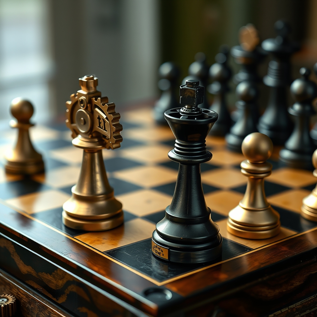 یک صفحه شطرنج به سبک استیمپانک با مهرههایی به شکل چرخدندهها.4