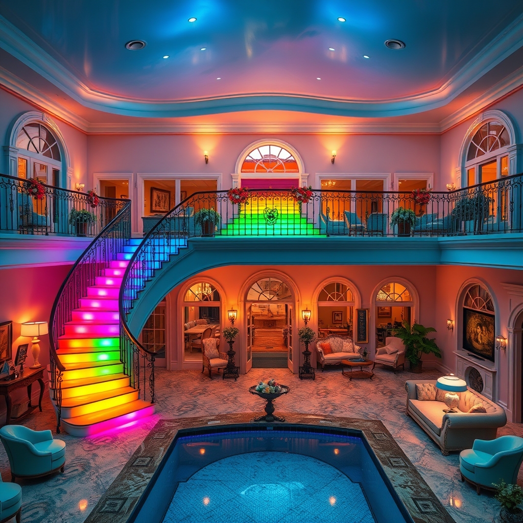 یک خانه خیلی زیبا با پله‌های رنگین کمانی خیلی رویایی  مبل‌های زیبا دو طبقه است طبقه پایینش معلوم است طبقه بالایش معلوم نیست خیلی اتاق دارد یک حوض زیبا وسطش است بسیار کیوت است15