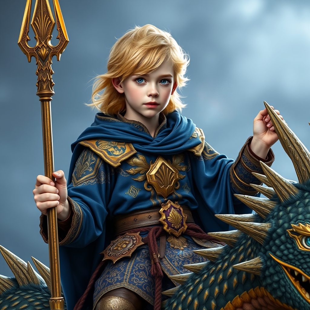عکس یه پسر نوجوان با مو های طلایی و چشمانی آبی با پوستی به سفیدی برف ، ک لباس های سلتنطی آبی و طلایی پوشیده . لباس های اون پسر حالت جنگی دارن و هم چنین اون پسر سوار بر یه اژدهای بزرگ نشسته و یه وسیله به شکل نیزه در دست دارد15