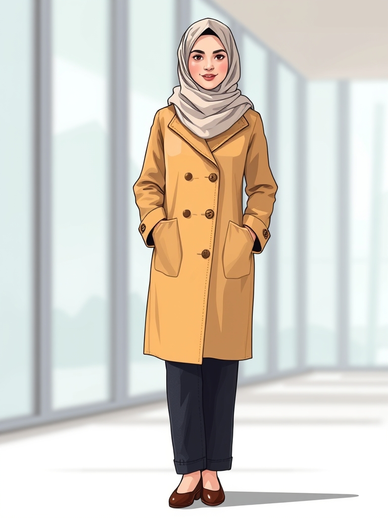 مانتو زنانه ایرانی تا زانو و با حجاب روسری یا مقنعه و روشن و شاد با طرح کمی پیچیده و شلوار کتان با رنگ تیره یا جین و کفش های متناسب مجلسی با پس زمینه مدرن4