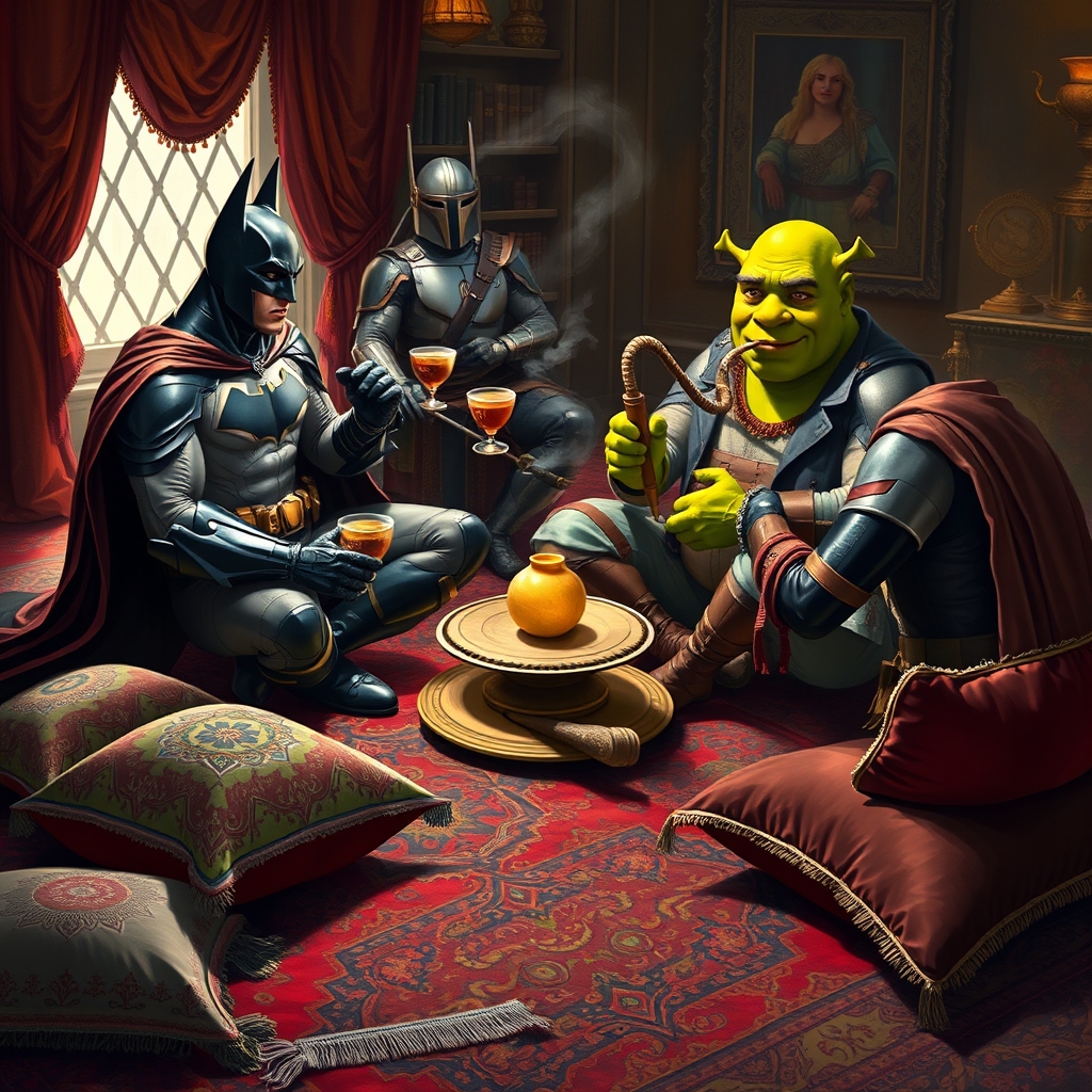 یک جمع چهار نفره که بتمن بر روی یک حصیر ایرانی نشسته و سمت راستش مندلورین و سمت چپش ددپول نشسته و روبروی بتمن شرک نشسته که صورتش به سمت بتمن است. همگی در حال مشورت هستند لیوان قدیمی ایرانی،چایی میخورند و قلیان میکشند. دور و اطراف پشتی های به سبک ایرانی وجود داردو فرش قرمز ایرانی.9