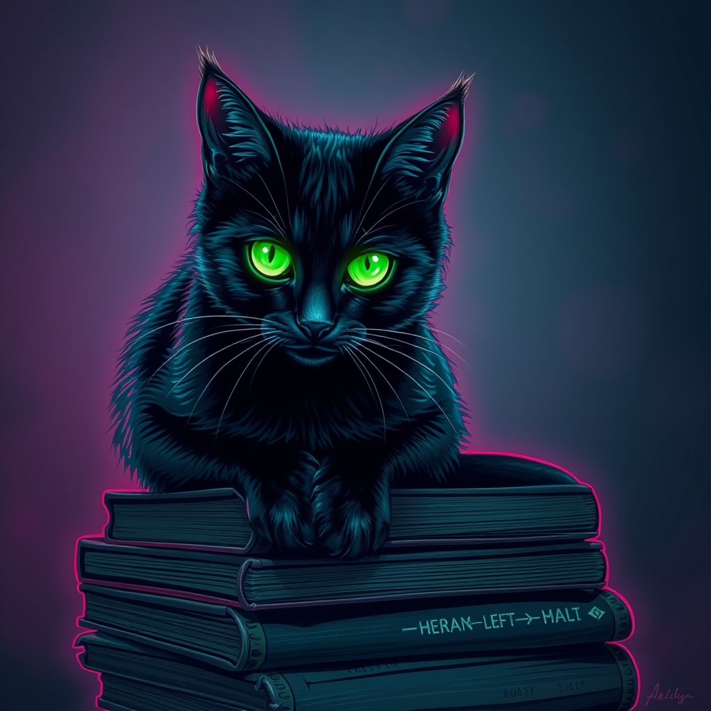 یک گربه سیاه مرموز نئونی با چشمان سبز درخشان، نشسته روی انبوهی از کتاب های قدیمی3