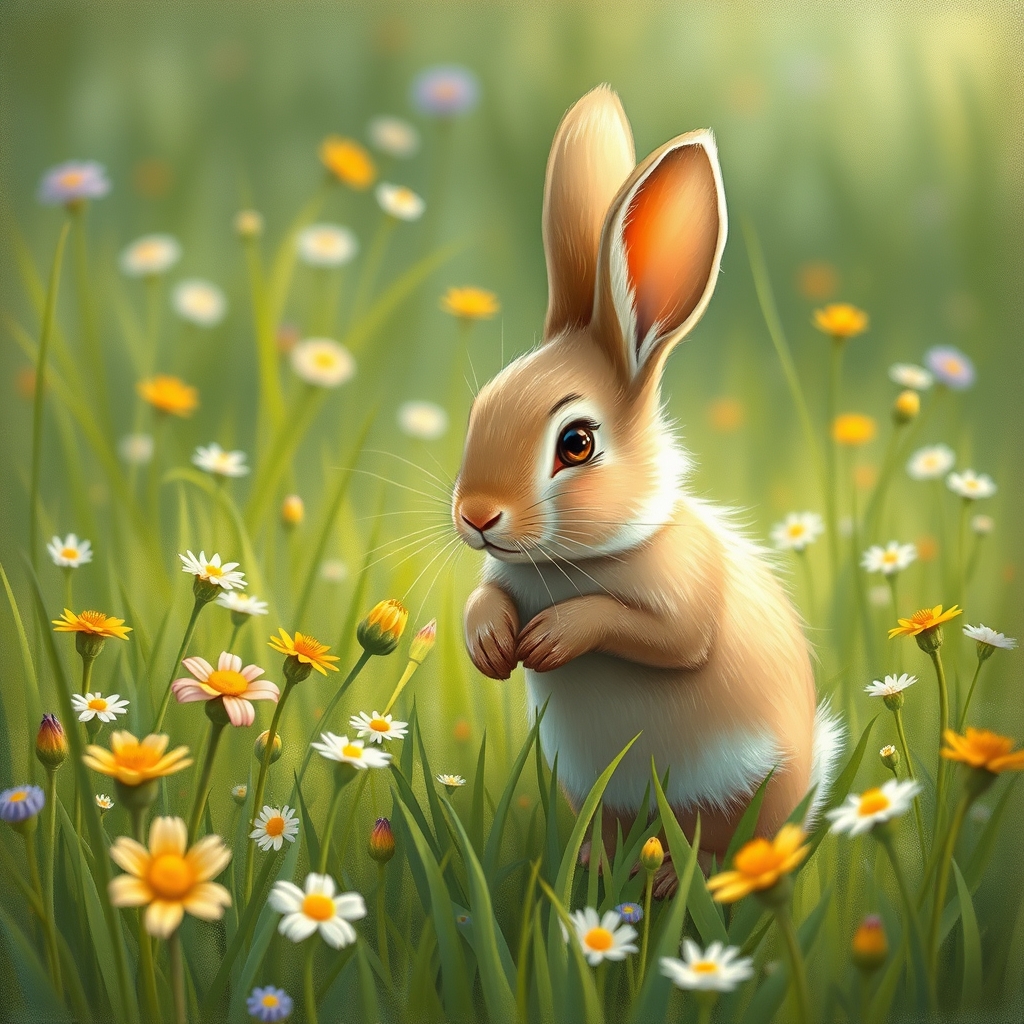 خرگوشی ناز در حال بازی در یک گلزار پر از گل و سبزه به سبک پست امپرسیونیسم 2