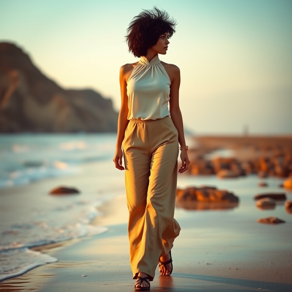 دختر با مو فرفری و مشکی  که لب دریا قدم میزند با لباس کرمی و‌ شلوار گشاد و صندل 
1