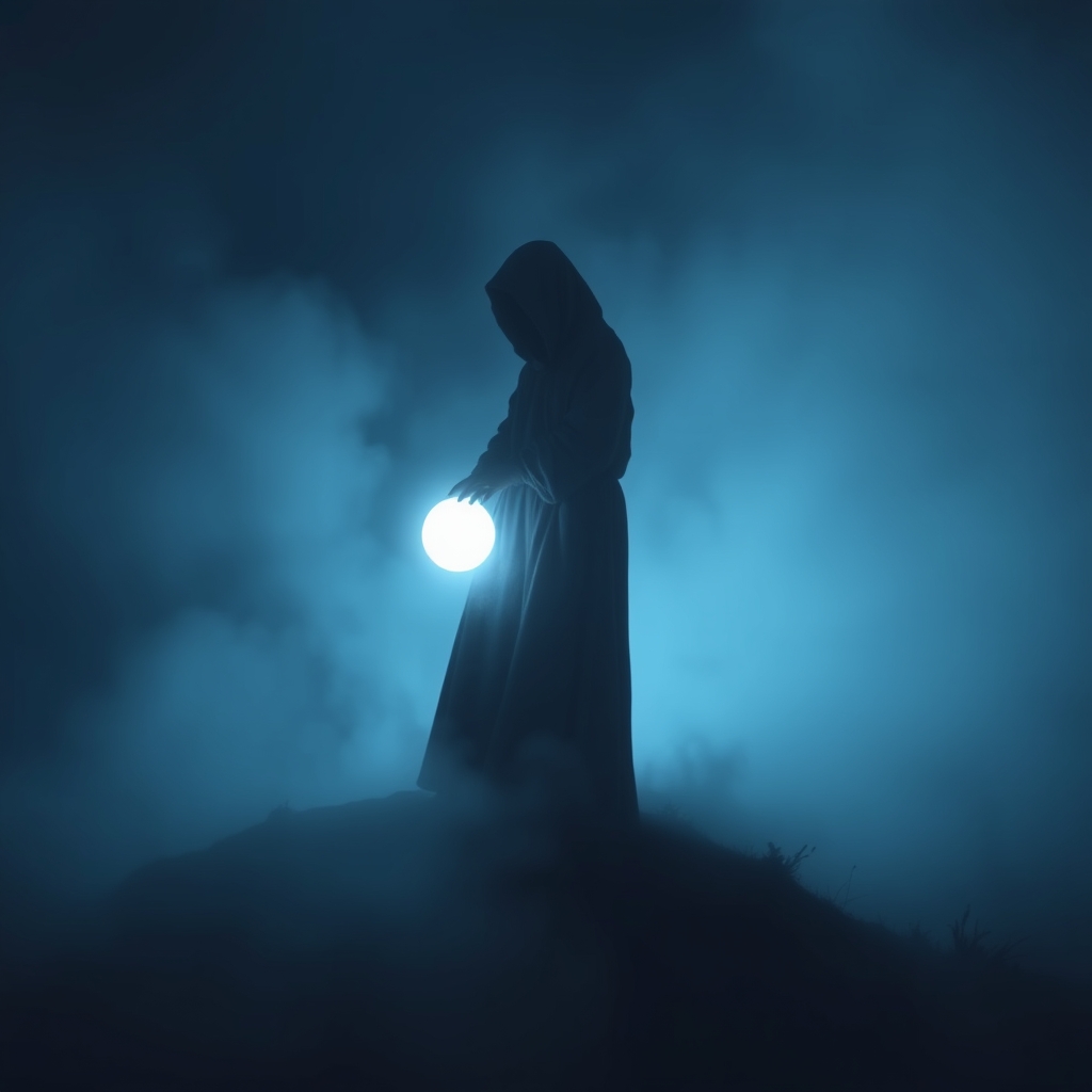 یک شبح مرموز از فردی که یک کره درخشان در دست دارد، ایستاده روی تپه‌ای مه‌آلود.0
