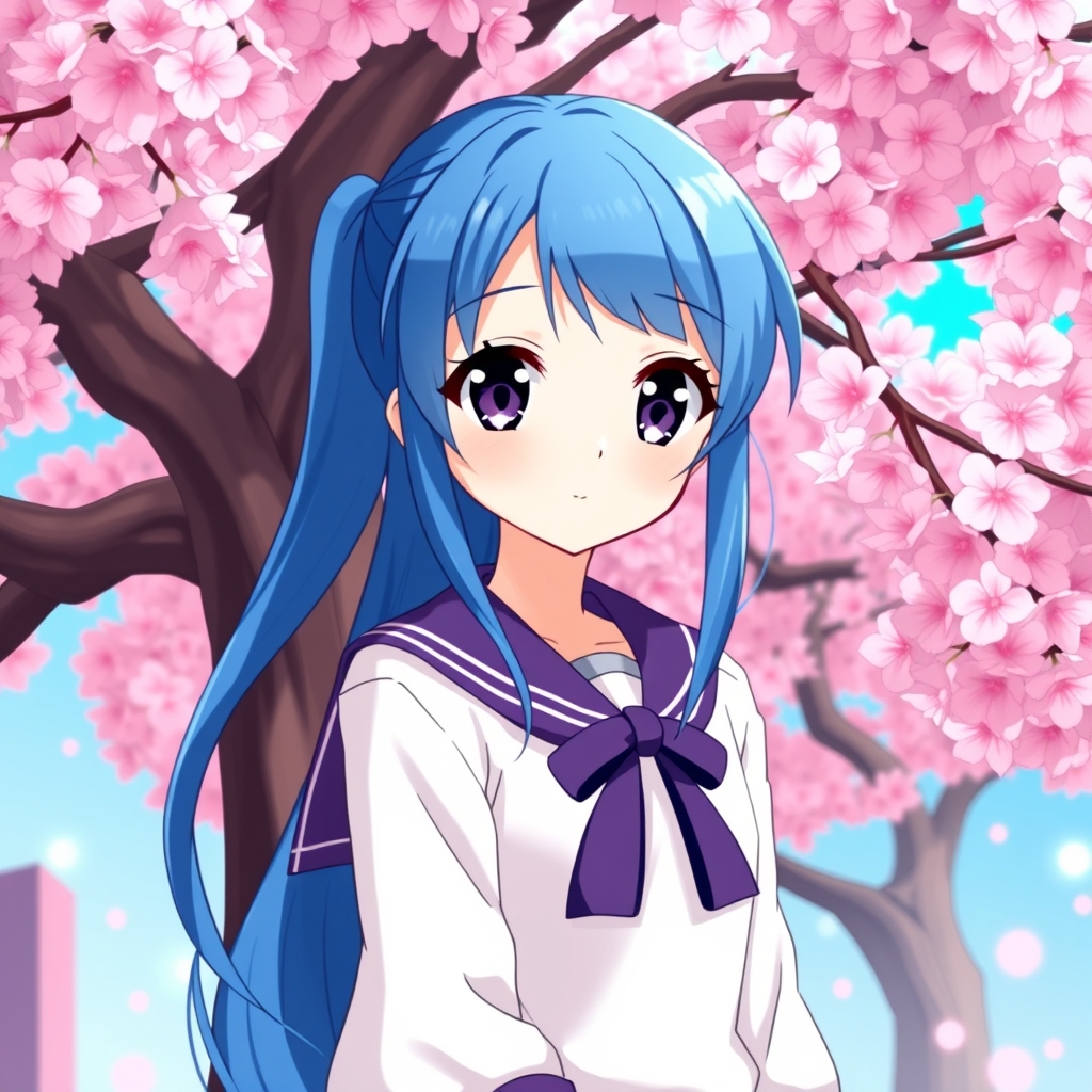 تصویر یک دختر انیمه‌ای با موهای بلند و آبی، چشم‌های بزرگ بنفش، لباس مدرسه ژاپنی (سِیلور یونیفرم)، در حال ایستادن زیر درخت شکوفه‌های گیلاس. سبک هنری روشن و رنگارنگ، با پس‌زمینه‌ی فانتزی و نور ملایم.20