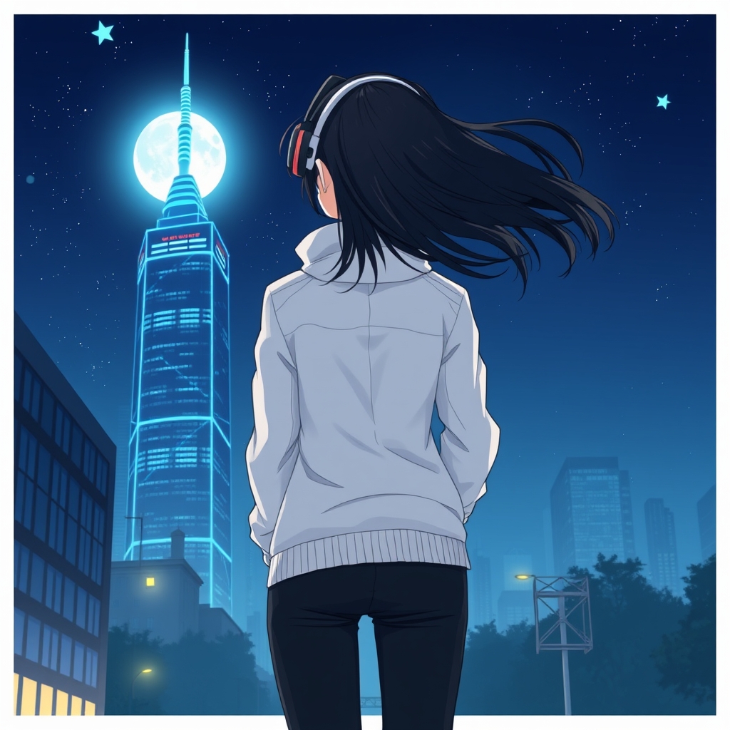 عکس یک دختر از پشت سر که باد موهای مشکی اش را تکان میدهد و با لباسی لش سفید و شلوار بگ مشکی و در گوش دختر هدفونی است که چراغ های ابی ان روشن شده اند بالای ساختمانی بسیار بلند که رو به روی ان هم پر از 🌃🌃🌃🌃🌃و قرص ماه هم کامل و روشن است 5