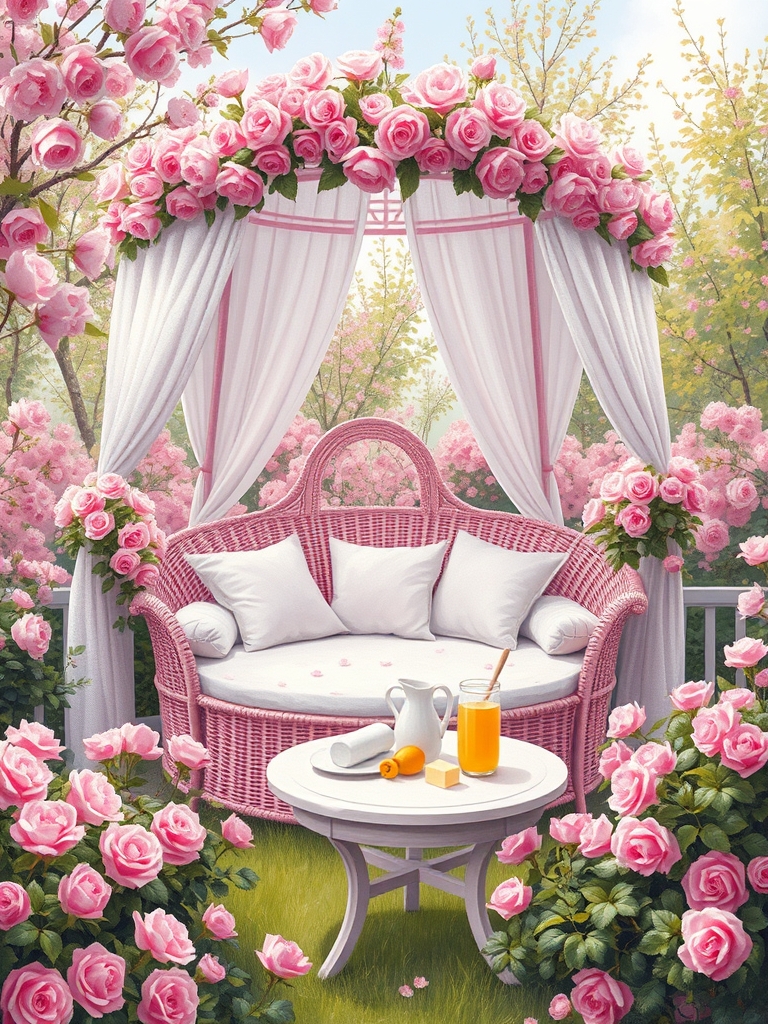 در صبح بهاری باغ گل رز صورتی در احاطه درختان پر شکوفه یک خیمه توری گل بهی سفید و صورتی با تخت گرد صورتی با کوسن های سفید  پر از گل های رز صورتی و میز کوچک سفید با نان کره خامه عسل میوه شیر 
20