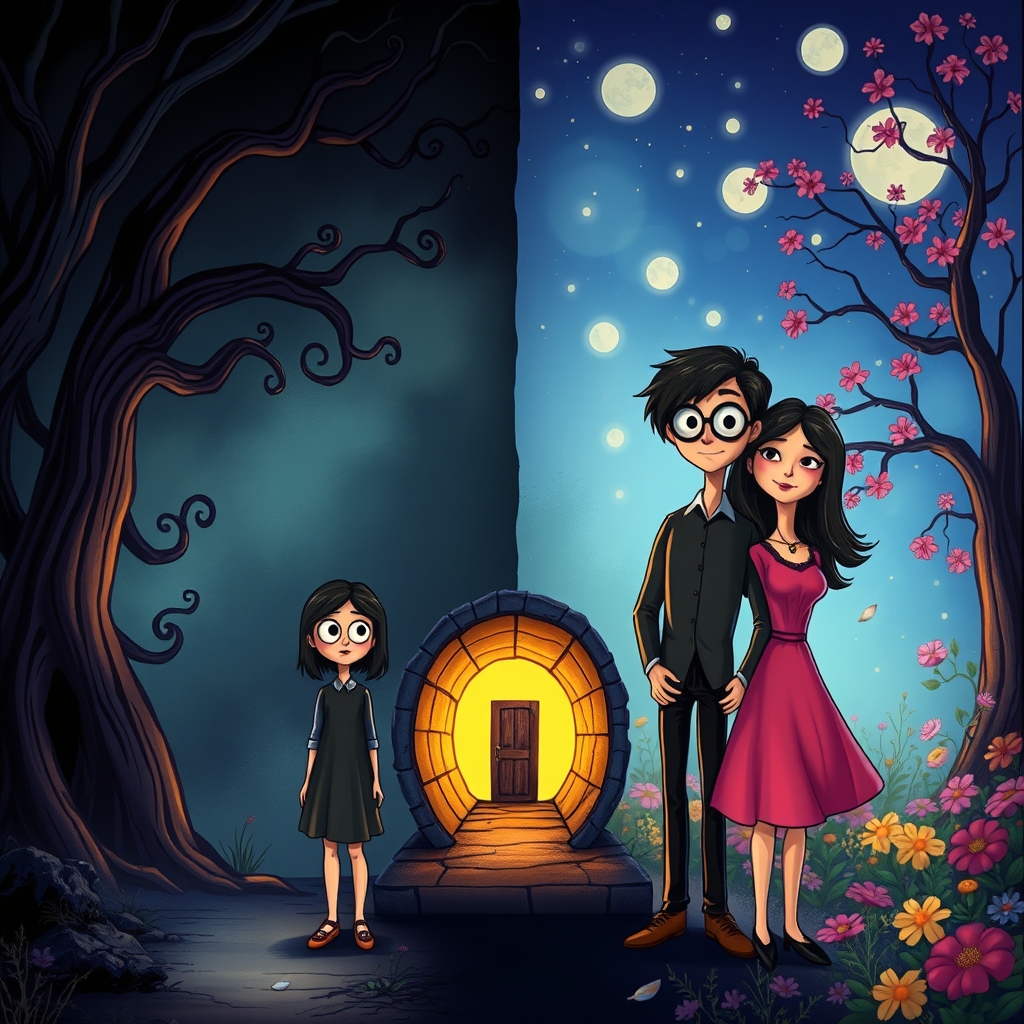 دو تصویر که در سمت چپ یک دنیای ترسناک که یک دختر چشم دکمه ای با پدر ومادر چشم دکمه ای که اسم دختر کورالین دختر حدودا 16 ساله باشه و در سمت راست همان دختر که باز کورالین حدودا 16 سال باشه ولی با چشمان واقعی درکنار همان پدر و مادر  ولی با چشمان واقعی در وسط این دو تصویر یک تونل هست که یک در کوچک داره تصویر کارتونی باشه0