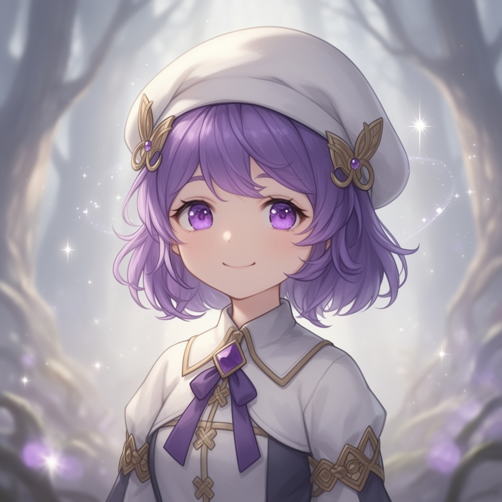 یک دختر کیوت که کلاهی روی سرش است که مو های چتری آن دختر از کلاه بیرون آمده و بقیه ی مو ها داخل کلاه هستند کلاه به رنگ سفید و مو ها و چشم ها به رنگ بنفش هستند2