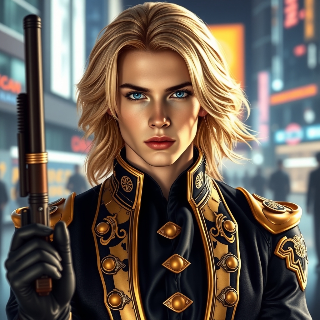 زیباترین مرد جوان در جهان حتی در رویایی که شکوه خدا را داشته باشد که نظیر آن در دنیا نباشد با لباس سلطنتی مشکی طلایی اکلیری برتن و چشم های ابی موهای طلایی براق بلند و صورت سفید که توفنگی در دستانش در شهر پیشرفته 3