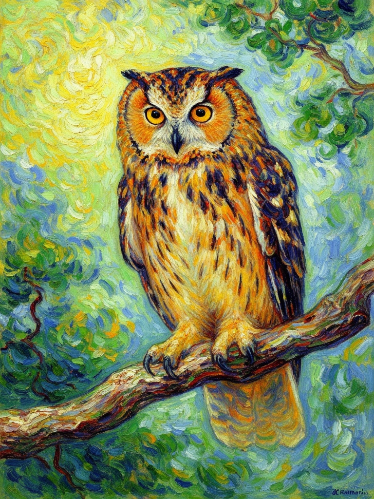 یک جغد  زیبا و با رنگ های کمیاب در طبیعت زیبا بر شاخه ای نشته اس به سبک پست امپرسیونیسم 0