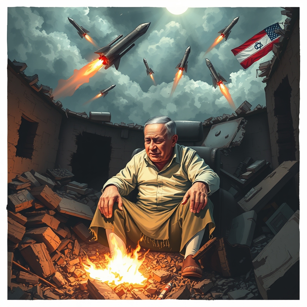عکس نتانیاهو که درحال گریه کردن است و در خانه ای خرابه نشسته و لباسش پاره است و از آسمان موشک های ایرانی مشخص هستند که دارند با زمین برخورد میکنند19