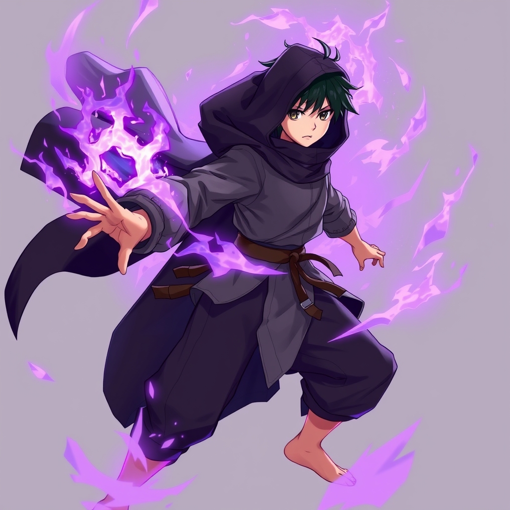 نوجوان قدرتمند شنل پوش با هاله ای بنفش رنگ درحال مبارزه.14